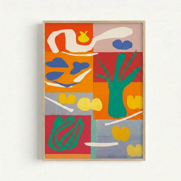 Matisse-inspired framed art print with organic vegetable forms in bright, saturated colors arranged in a playful abstract composition.
