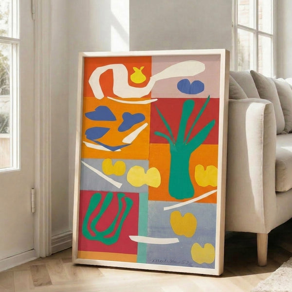 Wall-mounted print showcasing an arrangement of abstract vegetables in warm and cool tones, reflecting Matisse's signature approach to color and form.