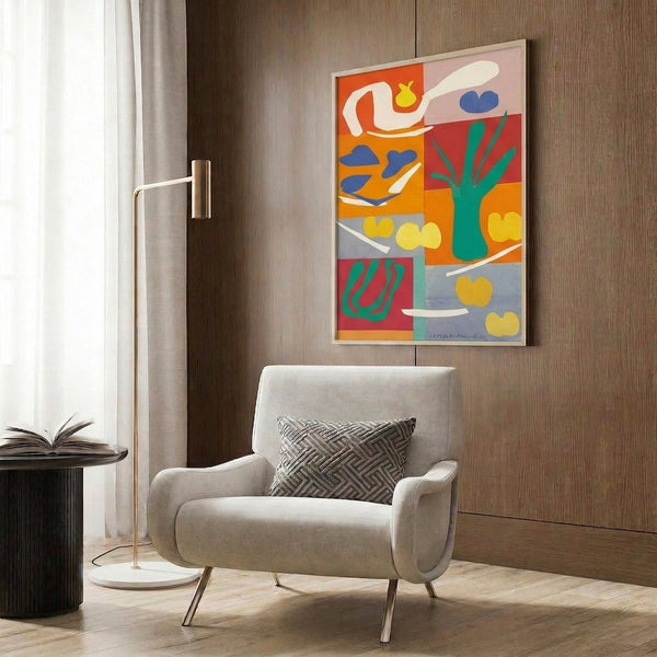 Modern art print featuring boldly colored, geometrically-inspired produce shapes stacked and overlapped in a composition evoking Matisse's iconic cutout style.