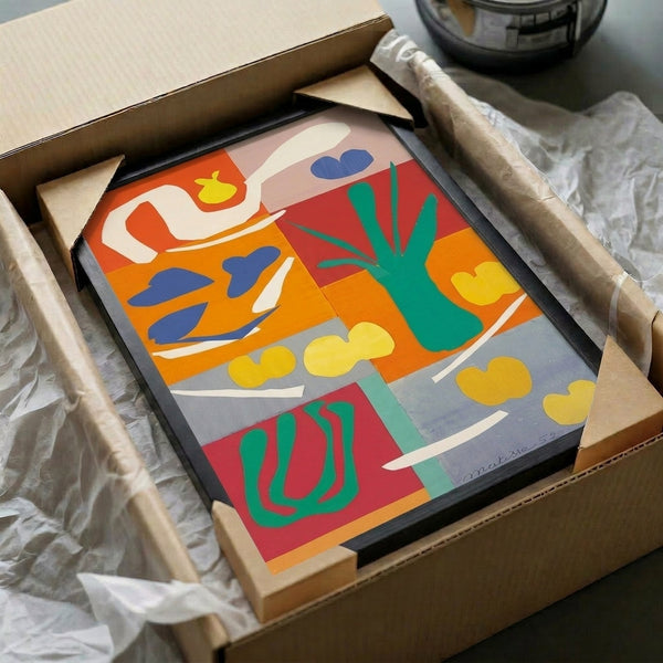 Abstract vegetable wall art in rich jewel tones and primary colors, rendered as flowing organic forms characteristic of Matisse's experimental later period.