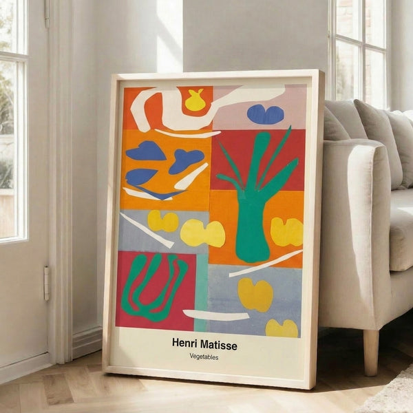 Decorative modern print featuring simplified botanical forms in vibrant crimson, emerald, azure, and ochre, arranged in an abstract, playful layout inspired by Matisse's cut-out technique.