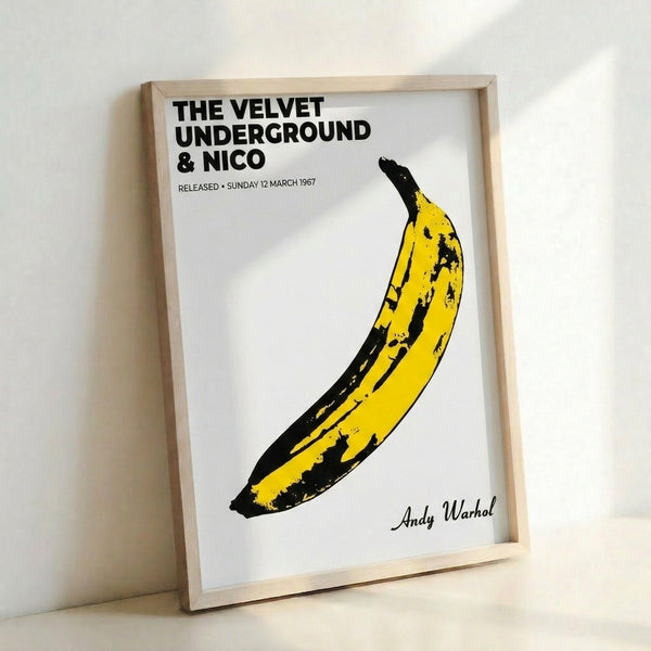 Minimalist pop art poster with a bright yellow banana against a solid colored background, characteristic of 1960s avant-garde music artwork.