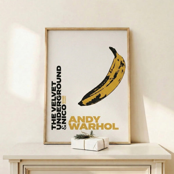 Contemporary pop art wall print with a bold yellow banana silhouette, embodying Warhol's rebellious minimalist approach to fine art.