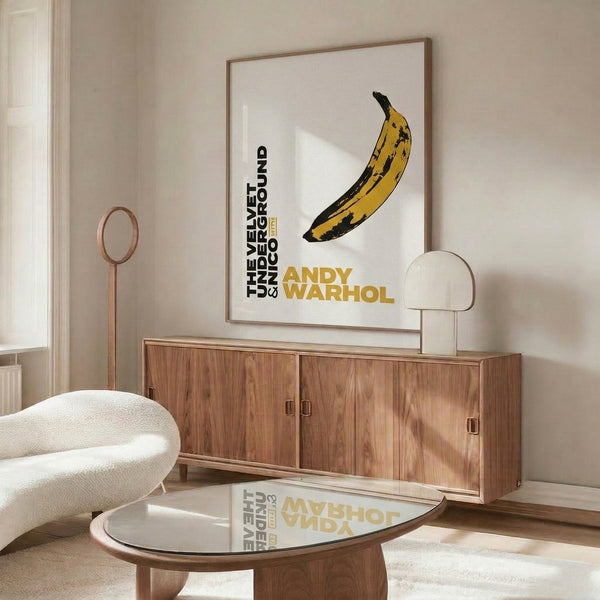 Pop art banana artwork in striking yellow and black palette, a framed print celebrating Warhol's bold, artistic vision and retro appeal.