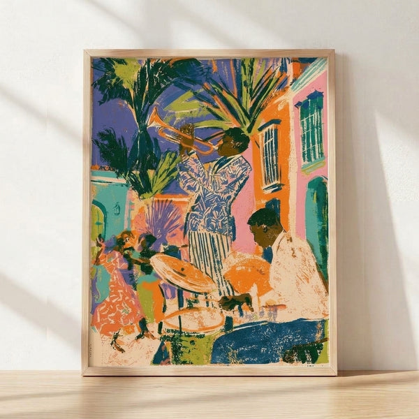 Vibrant pop art poster of a jazz trio on a New Orleans street, featuring a trumpet player in orange and teal with energetic, retro-modern style and bold neon colors including lime green and pink.