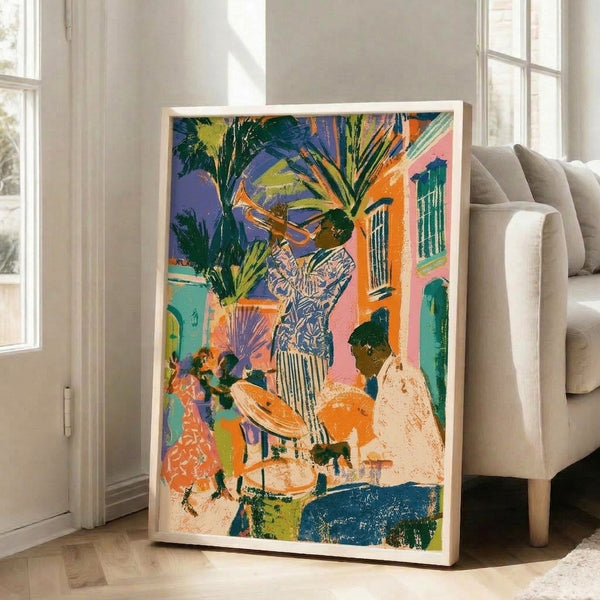Colorful framed art print depicting musicians performing outdoors with potted plants and building details, rendered in joyful pop art style with striking purple, orange, and teal tones.