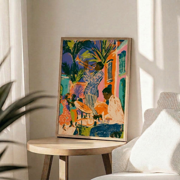 Bohemian jazz scene poster in modern pop art style showing street musicians with a trumpet, urban architecture, and vibrant lime green, pink, and orange color palette.