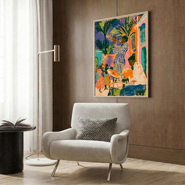 Energetic New Orleans jazz street scene wall art in retro pop art aesthetic, featuring a trumpet player amid potted plants and doors with vivid teal, purple, orange, and lime accents.
