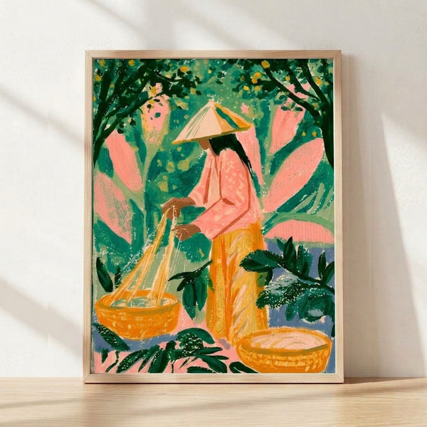Vintage folk art print depicting a Vietnamese woman in a conical hat fishing by water near rice paddies, rendered in warm coral pink, golden yellow, and teal green tones with peaceful pastoral mood.