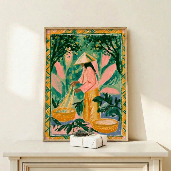 Framed boho art print showing a farmer in traditional conical hat with basket by water and lush foliage, painted in nostalgic forest green, cream, and coral palette with cottagecore aesthetic.