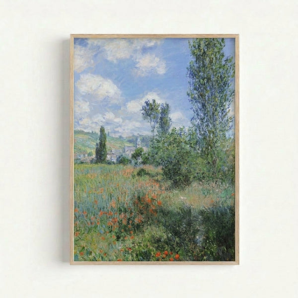 Luminous Impressionist painting of Vetheuil village with vibrant red poppies, green fields, and a distant church spire beneath a soft blue sky.