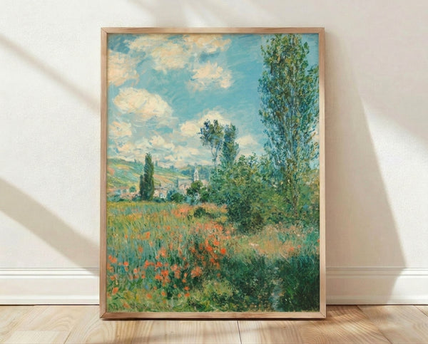 Impressionist landscape painting of Vetheuil with soft brushstrokes depicting a serene riverside village in warm and cool tones, framed as wall art.