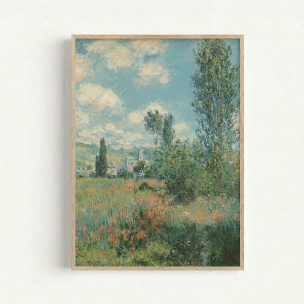 Monet's View of Vetheuil rendered in impressionist style with delicate color harmonies, showing a tranquil water landscape with distant buildings on a gallery wall.