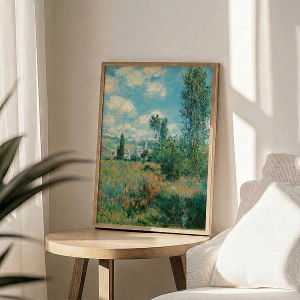 Impressionist artwork depicting the tranquil town of Vetheuil along the water with delicate light effects and naturalistic color palette, displayed as a framed print.