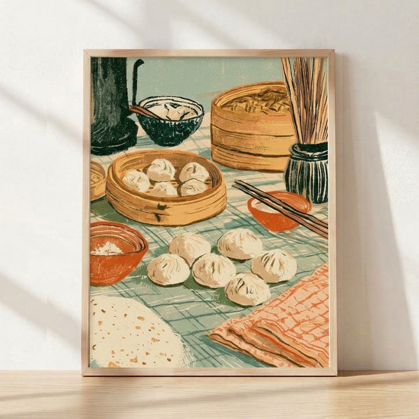 Vintage-style framed poster of a dim sum table scene with bamboo steamer, dumplings, bowls, and chopsticks in warm sage green, terracotta, and cream tones.