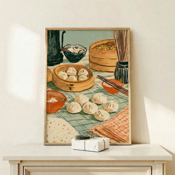 Nostalgic kitchen art print featuring a cozy dim sum spread with traditional steamer basket and noodle bowl in earthy retro colors.