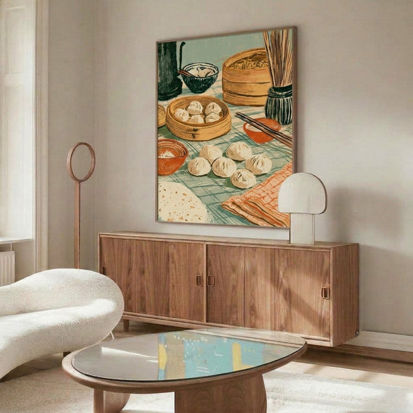 Retro chinoiserie wall art depicting an intimate kitchen table scene of dim sum and traditional dining elements in soft vintage cream, green, and orange tones.