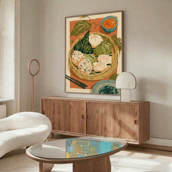 Warm culinary art print featuring chopsticks, a ramen bowl, and steamed basket with vegetables in golden tan and teal blue hues, rendered in elegant vintage Art Nouveau style.