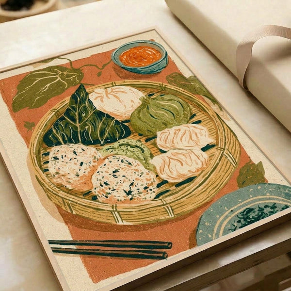 Kitchen wall art with Art Nouveau aesthetic showing dim sum steamer basket, sauce bowl, and aromatic herbs in soft sage green and terracotta orange palette, evoking nostalgic dining charm.
