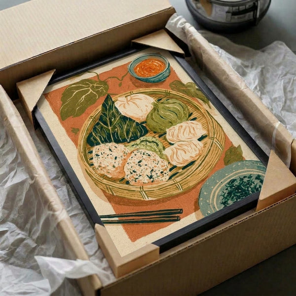 Framed poster displaying vintage-styled dim sum composition with bamboo basket, chopsticks, and culinary elements in cream, teal, and warm golden tones with Art Nouveau flourishes.
