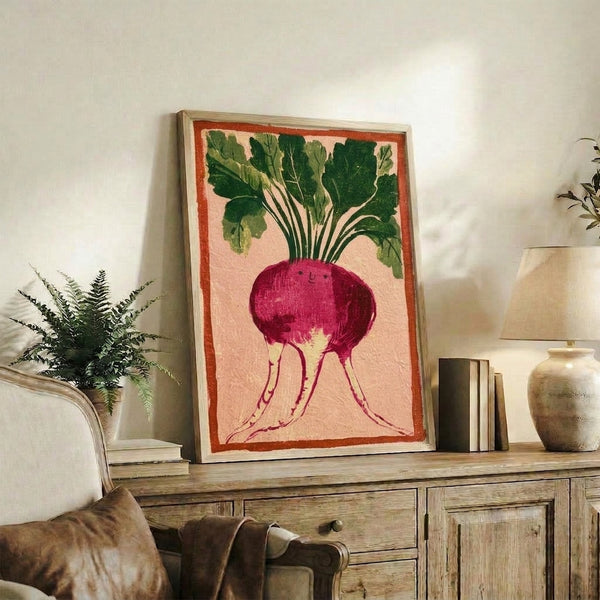Vintage-style botanical print featuring an anthropomorphic beet with a friendly expression, rendered in rich reds and pinks with pale accents; boho farmhouse wall art.