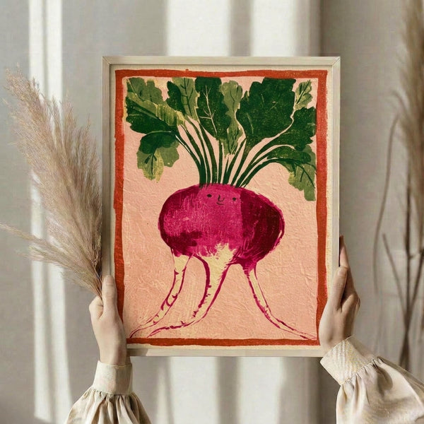 Charming folk art poster of a cheerful beet root character with leafy greens in sage and cream palette; wholesome nature-inspired wall decor with vintage aesthetic.