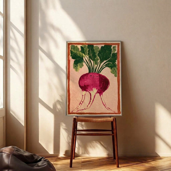 Playful beet root illustration in folk art style with warm rust and magenta hues accented by soft greens; framed print radiating cozy, homespun appeal for cottage interiors.