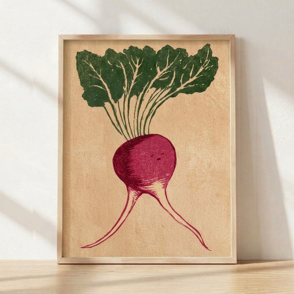 Vintage woodblock-style print of a sleepy radish with deep burgundy root and dark green leaves on cream background, displayed as a framed botanical poster with earthy, timeless folk art aesthetic.