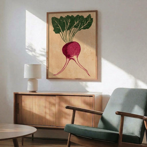 Framed line art print featuring a stylized radish root vegetable in burgundy and sage green tones on tan-cream paper, evoking classic botanical woodblock illustration.