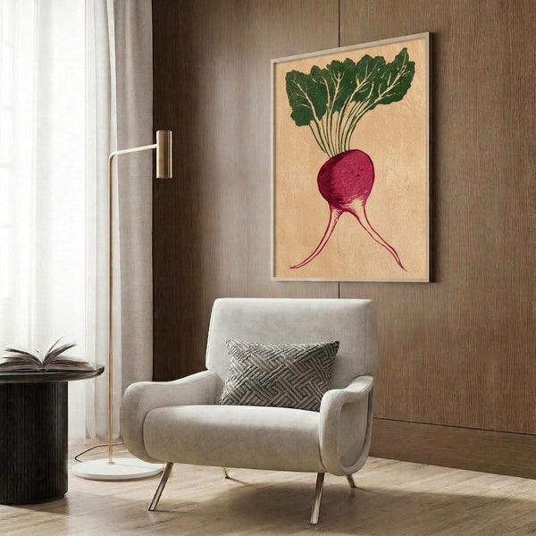 Cottage-style wall art depicting a hand-drawn radish with detailed foliage in dark green and burgundy hues, rendered in vintage woodblock technique on neutral cream ground.