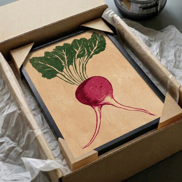 Educational botanical poster art of a sleeping radish rendered in earthy cream, tan, and deep green tones with folk art line work, framed as timeless farmhouse wall decor.