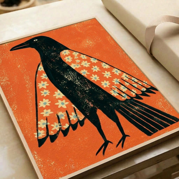 Retro-style wall art depicting a cheerful crow with elaborate flower-patterned wings in folk art tradition, rendered in black, orange, teal, and cream hues.