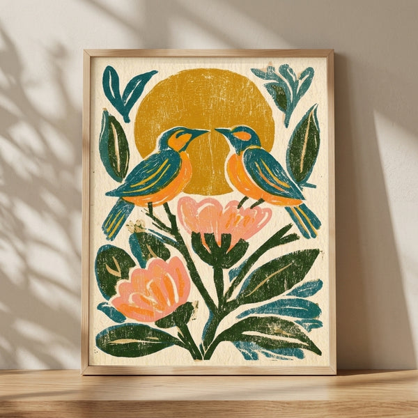 Framed folk art print featuring two teal bluebirds perched among golden yellow flowers and green leaves under a warm golden sun, rendered in a vintage boho style with cream background.