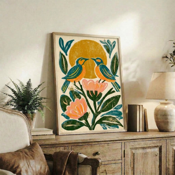 Vintage-style botanical wall art showing two blue birds surrounded by coral and golden blooms with forest green foliage and a radiant sun, combining folk art charm with whimsical romance.
