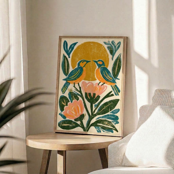 Boho folk print with a pair of teal birds nesting among cream and coral flowers, green botanical elements, and a glowing golden sun in a cheerful vintage aesthetic.