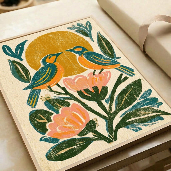 Framed romantic folk art depicting two bluebirds amid golden sunflowers and leafy vines beneath a warm sun, blending vintage boho design with playful botanical charm.