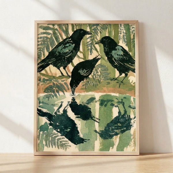 Vintage Art Nouveau framed poster of crows gathered at a woodland pool surrounded by ferns and forest foliage in cream, forest green, sage, and teal tones.