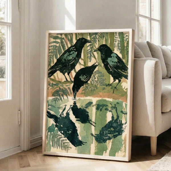 Serene nature study print featuring dark crows and ravens at a woodland water's edge with lush green botanical elements in muted vintage palette.