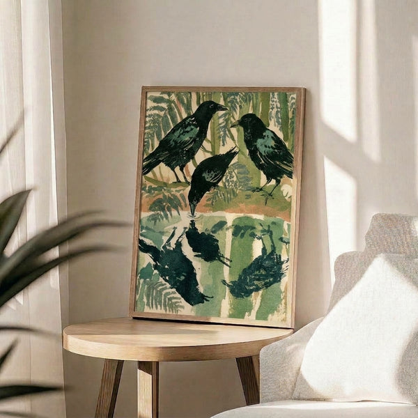Framed Art Nouveau wall art depicting birds at a forest pool with delicate fern details in naturalistic cream and sage green woodland scene.