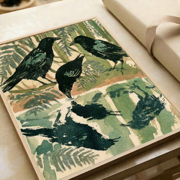 Vintage botanical poster showing crows in a tranquil forest setting with trailing foliage and water, rendered in soft teal and forest green hues.