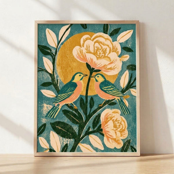 Vintage Art Nouveau poster featuring two lovebirds perched among blooming peonies beneath a golden sun, rendered in teal, coral pink, and cream tones with a whimsical, romantic aesthetic.
