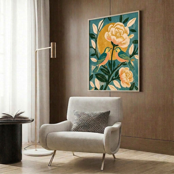 Retro wall art print showcasing delicate lovebirds among rose and peony blooms in vintage Art Nouveau style, evoking romantic nostalgia with its warm golden accents and cool teal palette.
