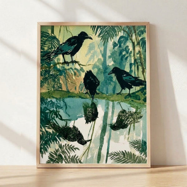 Vintage impressionist painting of ravens by a marsh pool surrounded by ferns and palms, rendered in sage green, teal, cream, and black tones with a serene, naturalistic mood.