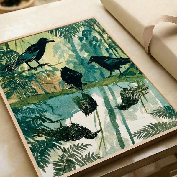Serene vintage-style watercolor of crows gathered at a marshy water's edge with ochre and cream accents among wetland plants and greenery.