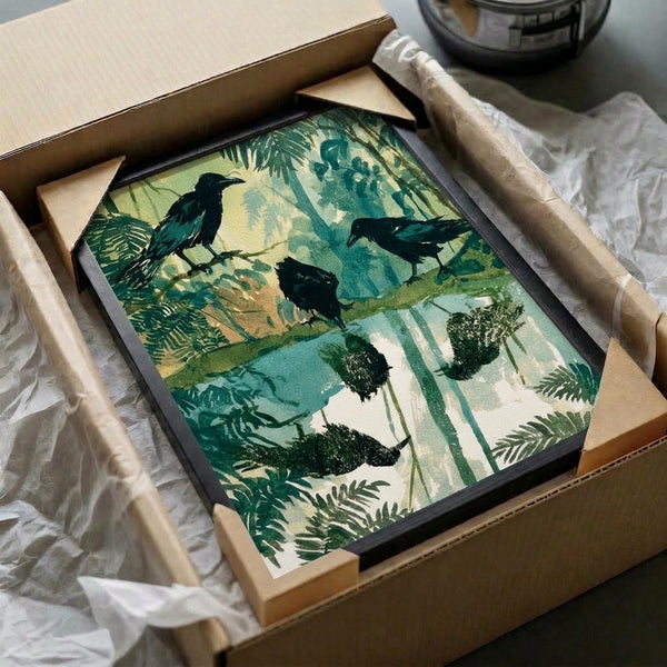 Naturalistic bird wall art depicting ravens in a tranquil marsh setting with impressionist brushwork and a calming palette of sage, teal, and black.