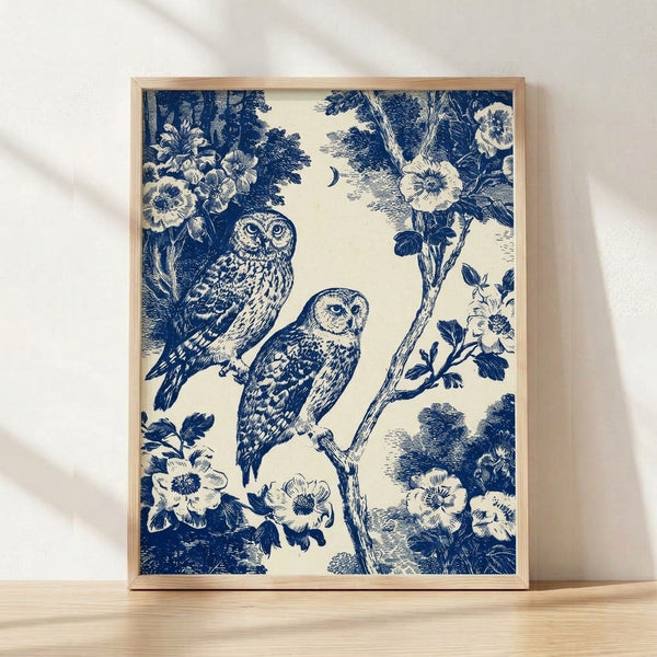 Navy blue and cream vintage toile poster featuring owls perched among flowering branches under a luminous moon, evoking serene nocturnal romance in cottagecore folk art style.