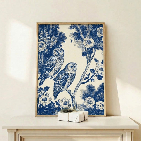 Framed whimsical art print in classic blue toile depicting owls nestled within a moonlit botanical garden with delicate trees and blooms in navy and cream tones.