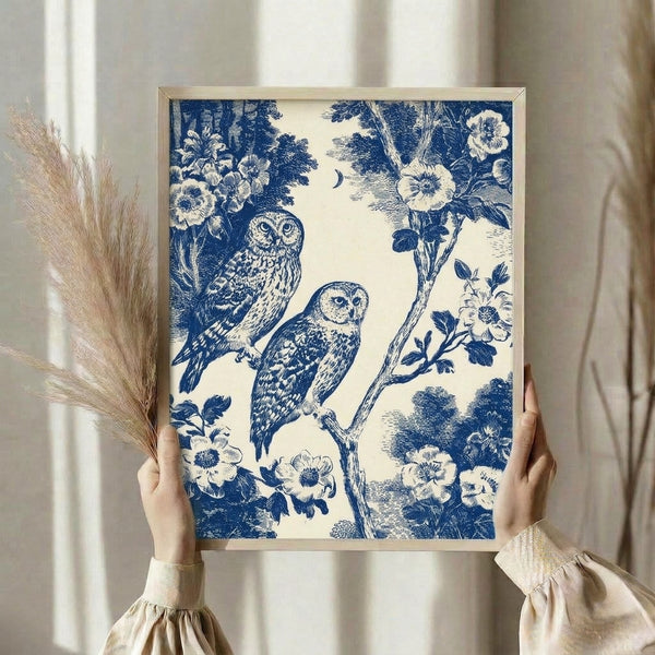 Vintage-inspired poster with navy blue toile imagery of nocturnal owls resting on branches surrounded by moonlight and flowering vines, rendered in soft cream and white accents.