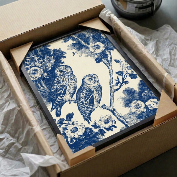 Cottagecore wall art featuring a serene moonlit scene with owls among flowering foliage in traditional blue toile pattern, combining botanical and nocturnal themes in cream and navy.