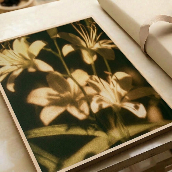 Vintage botanical illustration of blooming lilies in cream and golden hues surrounded by detailed foliage, rendered in an impressionist style that captures serene natural beauty.